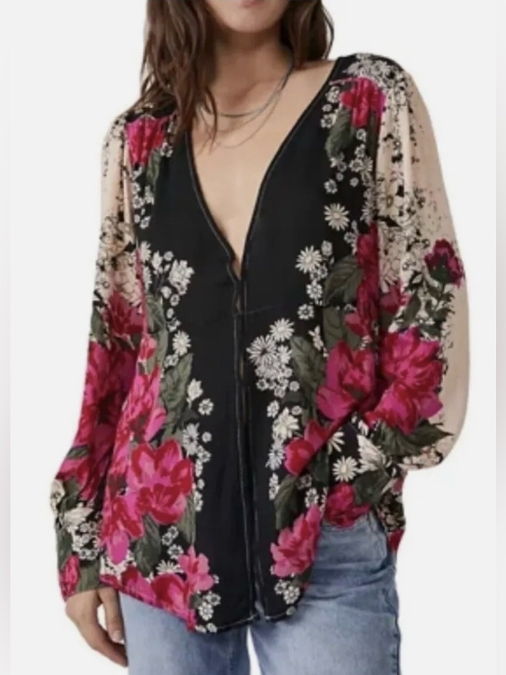 Free People Mikayla Boho Floral Printed Tunic Top Black Pink L Boho Festival